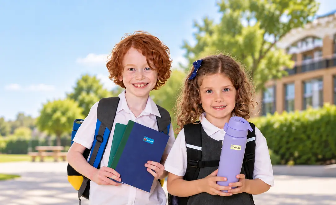 Twee kinderen staan voor een school met hun gelabelde spullen
