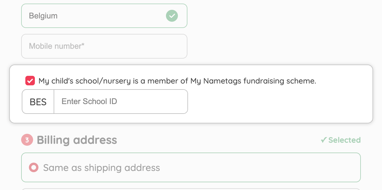 Screenshot of the checkout page showing where parents enter the school ID